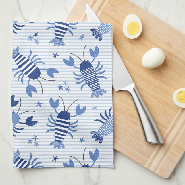 Paño De Cocina Langostas con toallita azul claro y franja blanca (Doblado Cuarto)