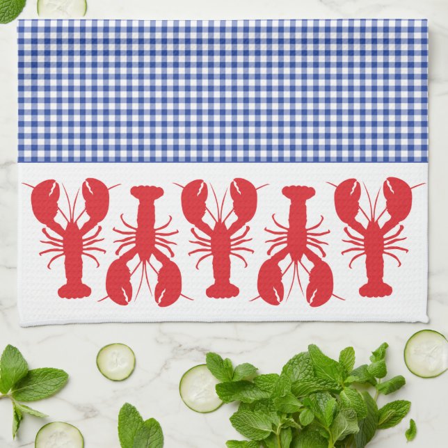 Paño De Cocina Langostas Rojas Blue White Gingham Viaje Costero (Doblado)