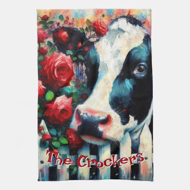 Paño De Cocina Las rosas rojas de la valla de la vaca Holstein pe (Vertical)