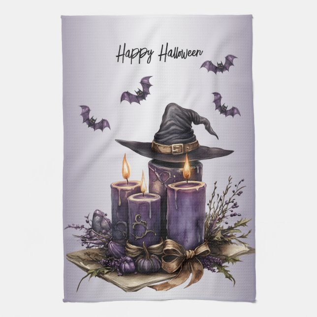Paño De Cocina Las velas púrpuras de Halloween dan miedo (Vertical)