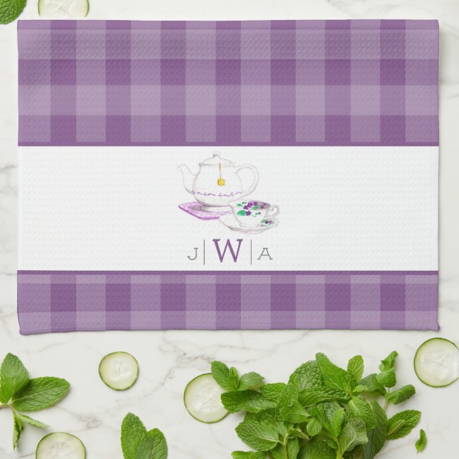 Paño De Cocina Lavender Gingham Monogrammed Tea Fiesta (Doblado)