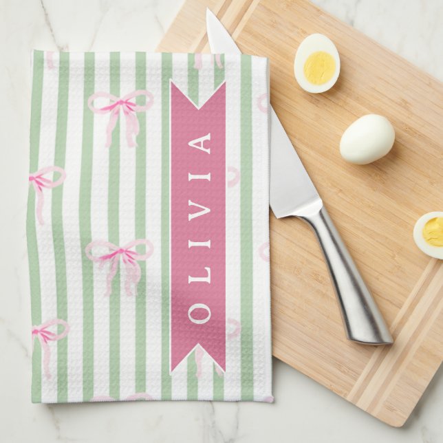 Paño De Cocina Lazo Rosa Personalizado Cuadro Verde Coquette Prep (Doblado Cuarto)