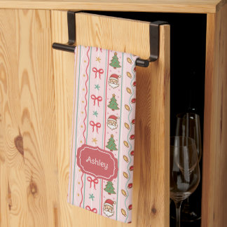Paño De Cocina Lazos de Navidad de Santa con Rayas Rosadas, Árbol