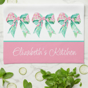Paño De Cocina Lazos Florales Rosa y Turquesa Personalizados Eleg