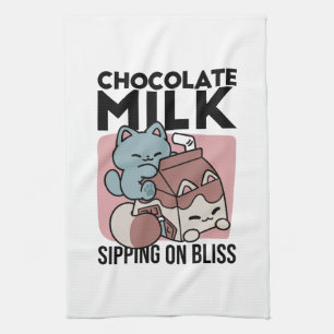 Paño De Cocina Leche de Chocolate Kawaii Gato – Bebida Acogedora 