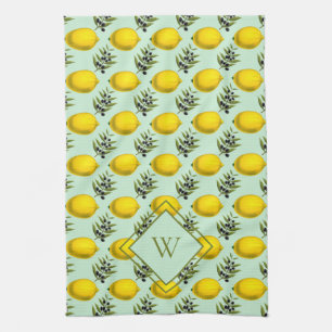 Paño De Cocina Lema y patrón de aceituna amarillo y azul