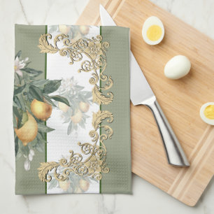 Paño De Cocina Lemon Citrus   Elegante con rayas verdes y blancas