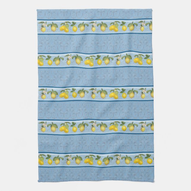 Paño De Cocina Lemon Citrus Stripe Farmhouse Blue French Country (Vertical)