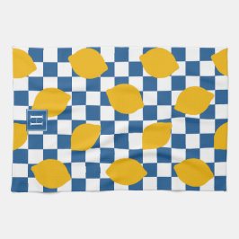 Paño De Cocina Lemon Rustic Farmhouse Blue White Check Monogram