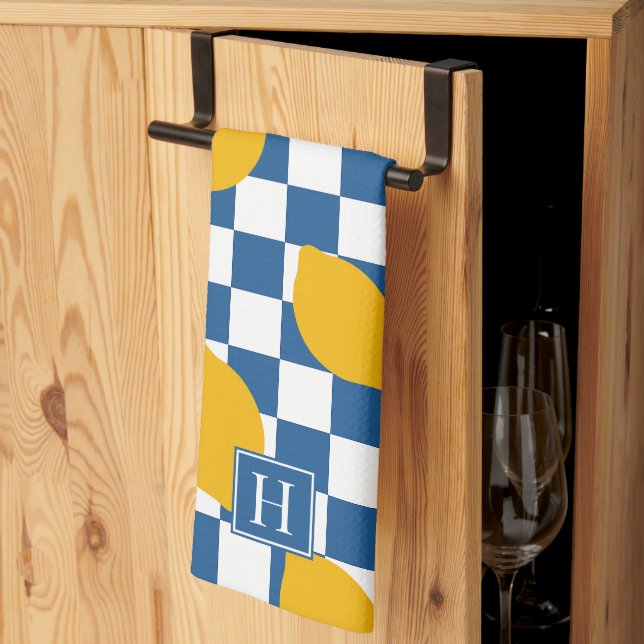 Paño De Cocina Lemon Rustic Farmhouse Blue White Check Monogram (Pliegue de tercios)
