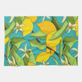 Paño De Cocina Lemones, bichos, flores sobre fondo Verde azulado