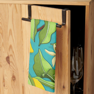 Paño De Cocina Lemones, bichos, flores sobre fondo Verde azulado