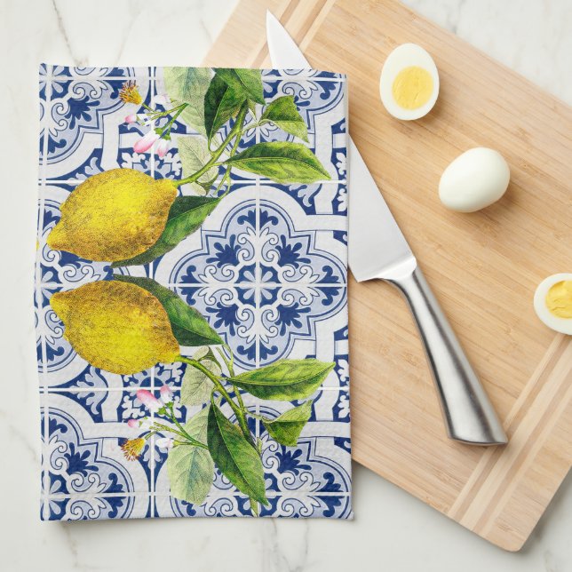 Paño De Cocina Lemones de azulejos azules de Amalfi (Doblado Cuarto)