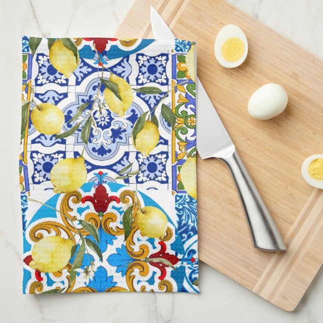 Paño De Cocina Lemones, Mediterráneo, majólica, azulejos italiano (Doblado Cuarto)