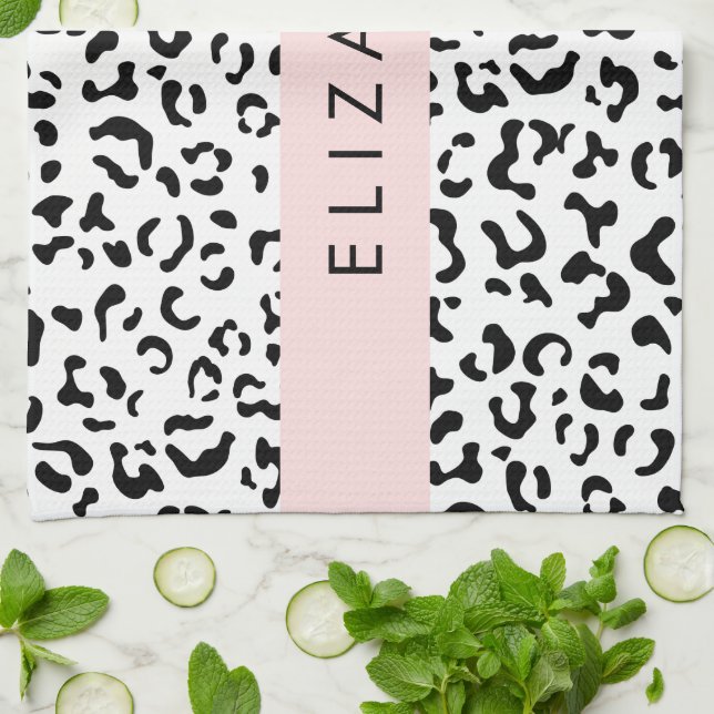 Paño De Cocina Leopard Print, Spots, Black And White, Tu Nombre (Doblado)