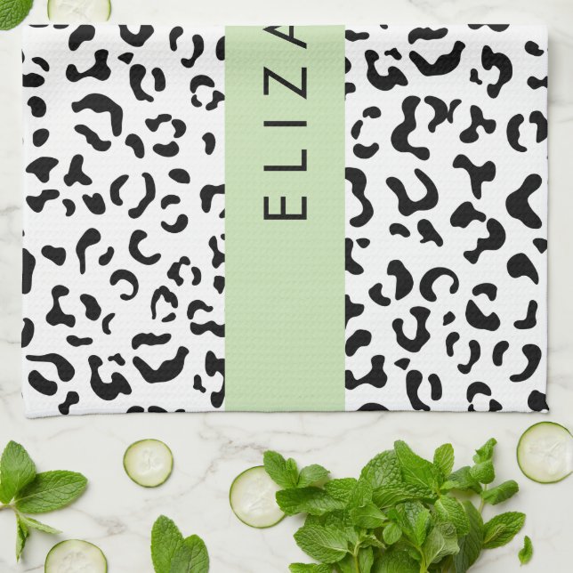 Paño De Cocina Leopard Print, Spots, Black And White, Tu Nombre (Doblado)