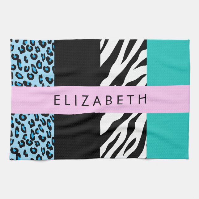 Paño De Cocina Leopard Print, Zebra Print, Blue, Your Name (Horizontal)