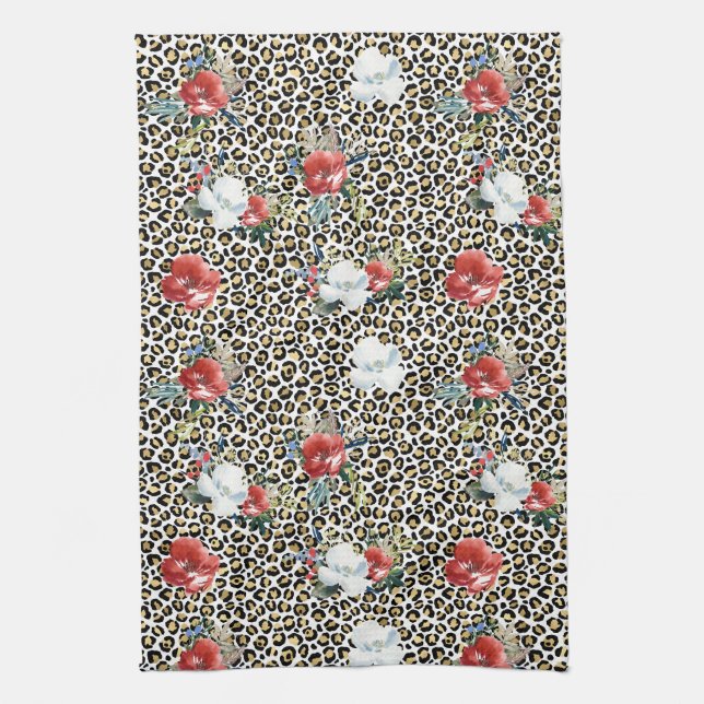 Paño De Cocina Leopardo dorado Imprimir Floral Blanco Rojo (Vertical)