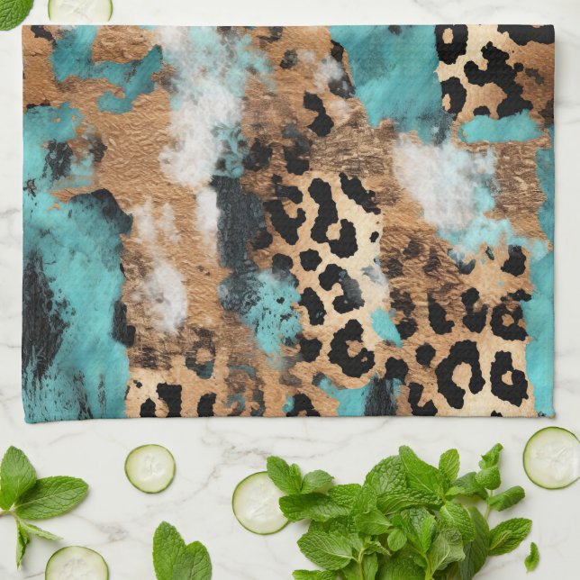 Paño De Cocina Leopardo negro de oro turquesa (Doblado)