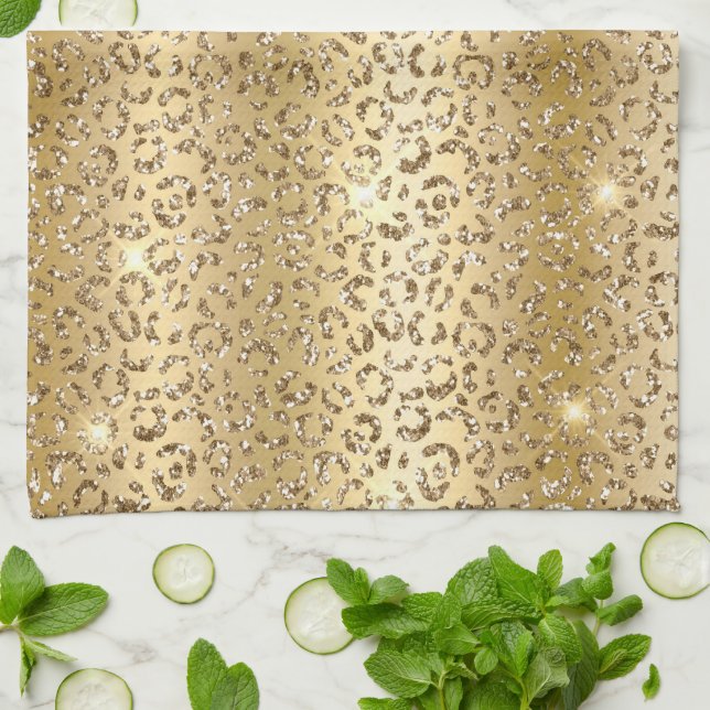 Paño De Cocina Leopardo Purpurina de oro Glam (Doblado)