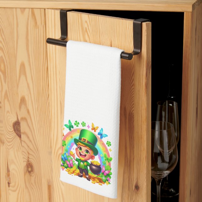 Paño De Cocina Leprechaun arcoiris con oro (Pliegue de tercios)