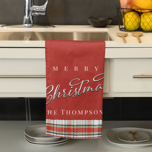 Paño De Cocina Leyenda caligráfica navideña suave rojo (Merry Christmas classic red custom kitchen towel)