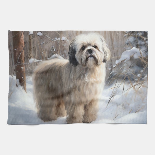 Paño De Cocina Lhasa Apso Deja que nieve Navidad  (Horizontal)