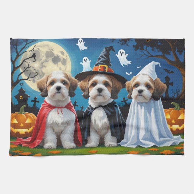 Paño De Cocina Lhasa Apso Dogs Pumpkin Halloween Funny (Horizontal)
