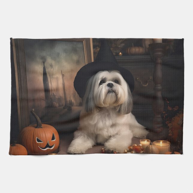 Paño De Cocina Lhasa Apso Pumpkins Halloween Scary (Horizontal)