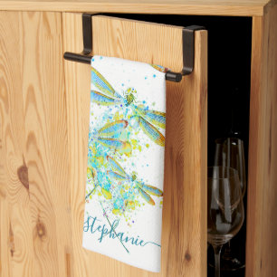Paño De Cocina Libélula teal personalizada con salpicaduras 