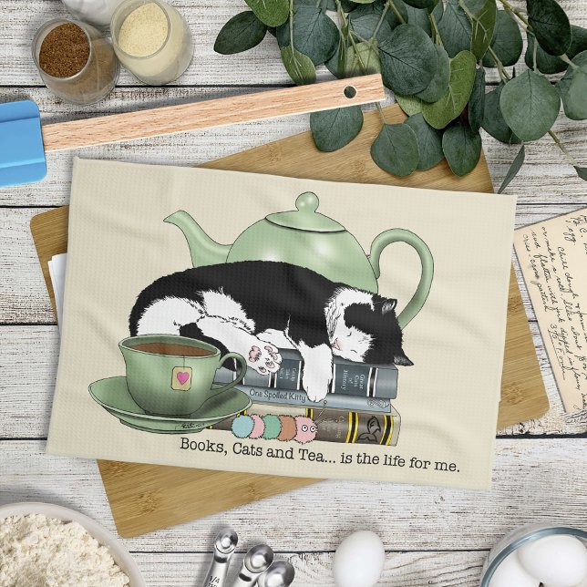 Paño De Cocina Libros Acogedores Gato Esmoquin Té Tetera Verde Li (Subido por el creador)