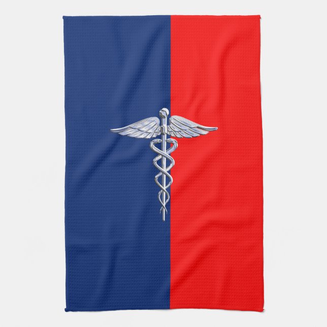 Paño De Cocina Liga de Simbolos Médicos de Plata Caduceus (Vertical)