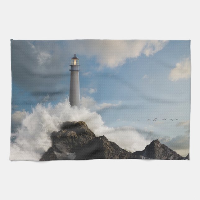 Paño De Cocina Lighthouses | Lighthouse With Crashing Waves (Horizontal)