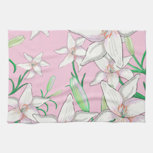Paño De Cocina Lillies blancos sobre el Ilustracion de fondo rosa