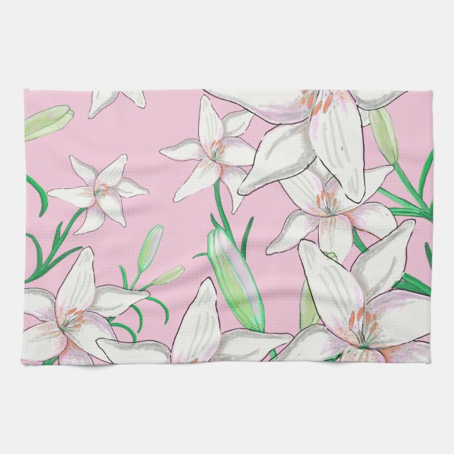 Paño De Cocina Lillies blancos sobre el Ilustracion de fondo rosa (Horizontal)