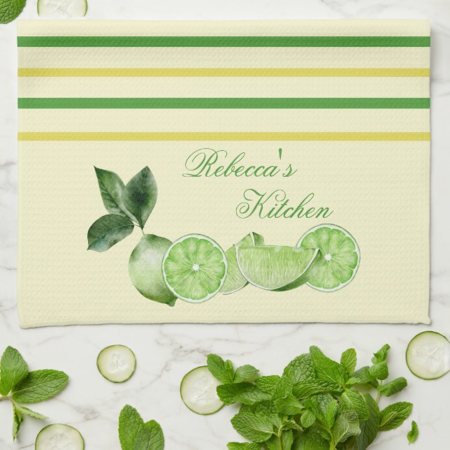 Paño De Cocina Limas y franjas amarillas y verdes personalizadas (Doblado)