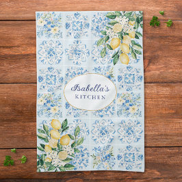 Paño De Cocina Limoncillo de azulejo italiano azul acuarela perso