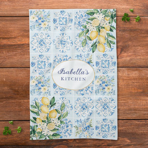 Paño De Cocina Limoncillo de azulejo italiano azul acuarela perso