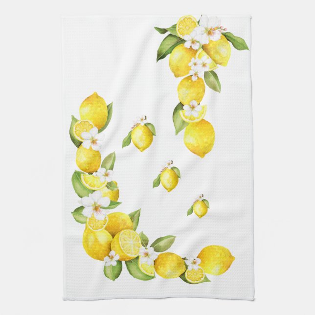 Paño De Cocina Limones amarillos soleados con los flores blancos (Vertical)