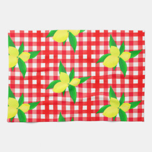 Paño De Cocina Limones amarillos soleados retro sobre cuadros roj