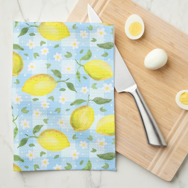 Paño De Cocina Limones y Margaritas Cuadros Azules (Doblado Cuarto)