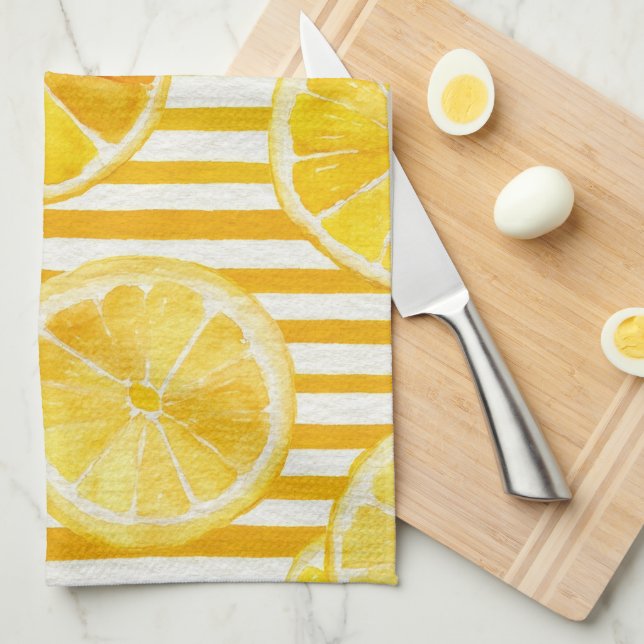 Paño De Cocina Limones y rayas de acuarela (Doblado Cuarto)