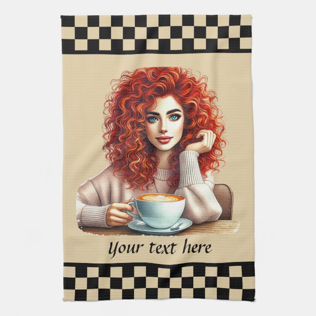 Paño De Cocina linda dama de café agrega texto (Vertical)