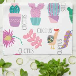 Paño De Cocina Lindo cactus acuarela y texto cartoon rosa blanco