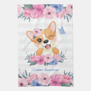 Paño De Cocina Lindo Corgi Perro Corona de Flores Mariposa Azul P