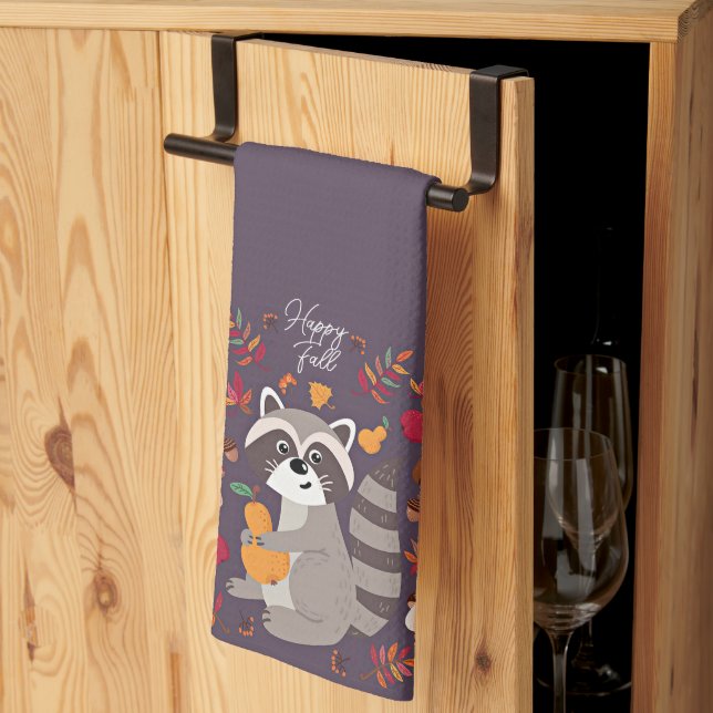 Paño De Cocina Lindo mapache de otoño con texto personalizado  (Pliegue de tercios)