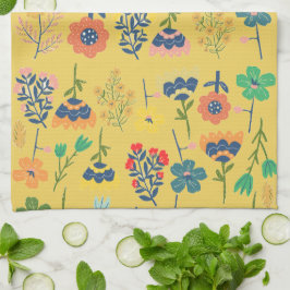 Paño De Cocina Lindo patrón floral retro mostaza Rosa Verde