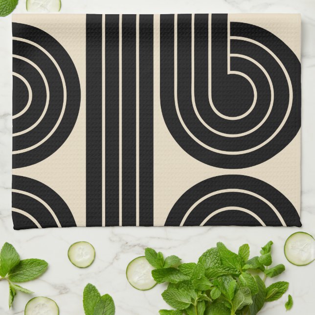 Paño De Cocina Líneas abstractas de retro negro (Doblado)