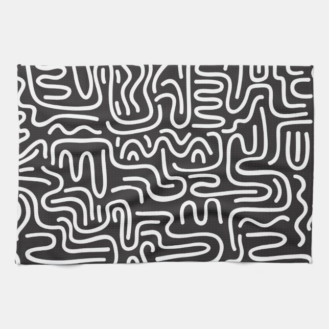 Paño De Cocina Líneas onduladas de Doodle retro: Monocromo (Horizontal)