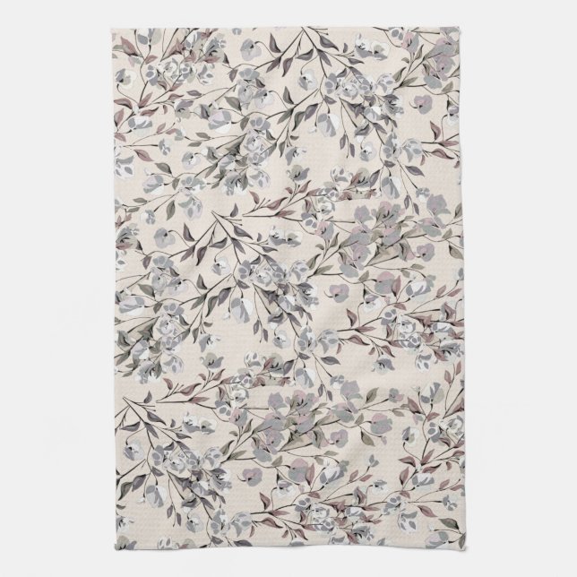 Paño De Cocina Linen Beige y Patrón Floral Gris Elegante (Vertical)